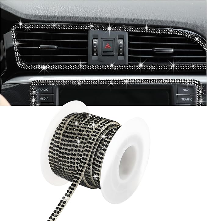 Bling Car Trim Self Adhesive, 16.4 Ft Rhinestone Auto Dashboard Line Molding Sticker Strips, DIY Bling Car Interior Decor Sticker for Women Girls, Vehicle Exterior Accessoreis (Black)