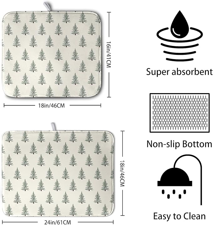 Christmas Tree Dish Drying Mat Winter Xmas Holiday Drying Mats Microfiber Absorbent Dishes Drying Pad Reusable Washable Kitchen Countertop Protector Dish Drainer Rack Mat 16x18 Inch