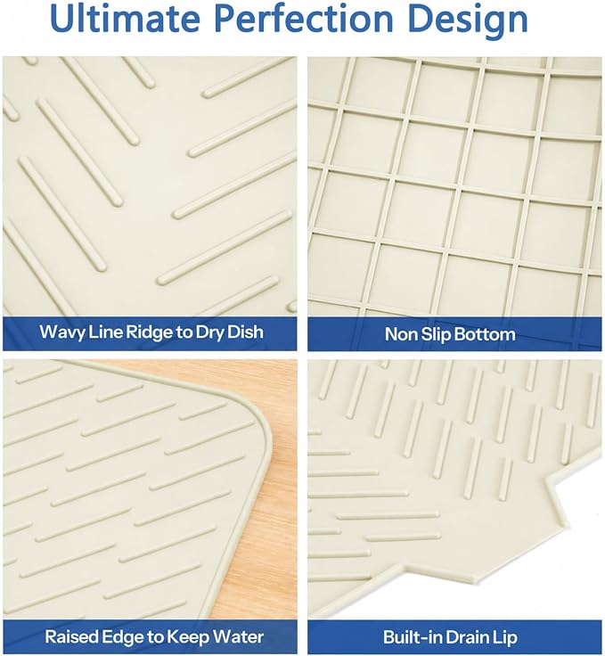 Large Silicone Dish Drying Mat – 23"x17" Sloped Sink Draining Tray with Sponge Holder for Kitchen Counter, Angled Surface for Water Drainage, Silicone Rack Mat with Drain Lip(Beige)