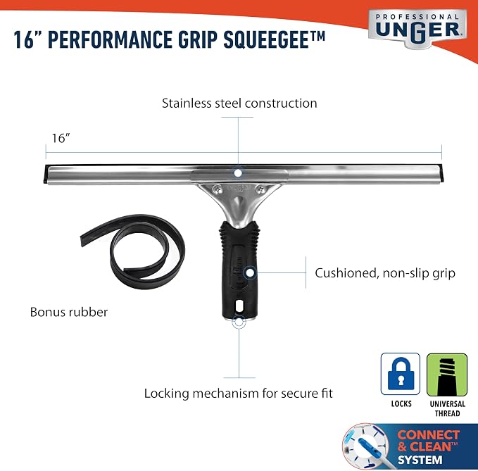 Unger Connect and Clean 16” Performance Window and Glass Cleaning Squeegee with Replacement Rubber, Cleaning Supplies, Heavy Duty Household Cleaner Tools with Streak-Free Results