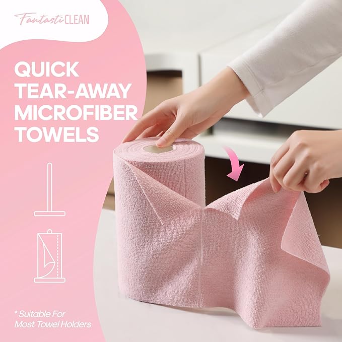 Fantasticlean Microfiber Cleaning Cloth Roll 2 Rolls 120 Pack, Tear Away Paperless Towels, 8" x 8", Reusable Washable Rags, House Kitchen, Pet, Office, Indoor Outdoor, Portable (Pink and Off-White)