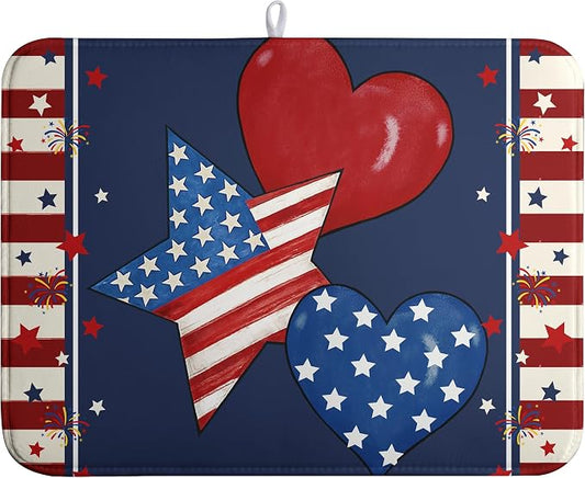 4th of July Star Dish Drying Mats Patriotic Hearts Dish Mat Blue Red Firework Drying Matt Dishes Dryer Pad for Kitchen Counter Absorbent Microfiber Washable Foldable Reusable 18x24 in