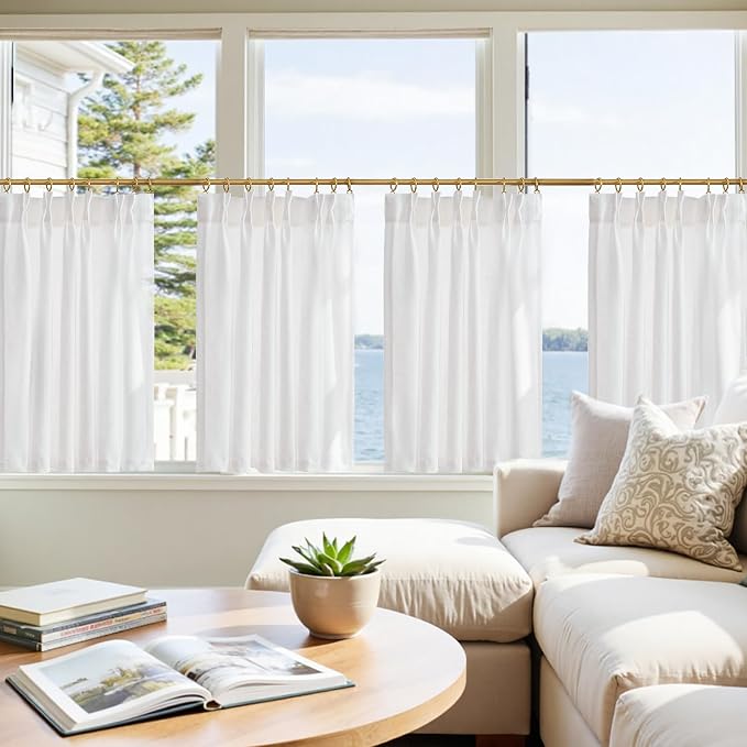 jinchan Pinch Pleated Linen Back Tab Tier Curtains, 26x36, 4 Panels, White | Light filtering,rod pocket,small window treatment,cafe curtains,machine washable,farmhouse,kitchen,bathrooms,laundry