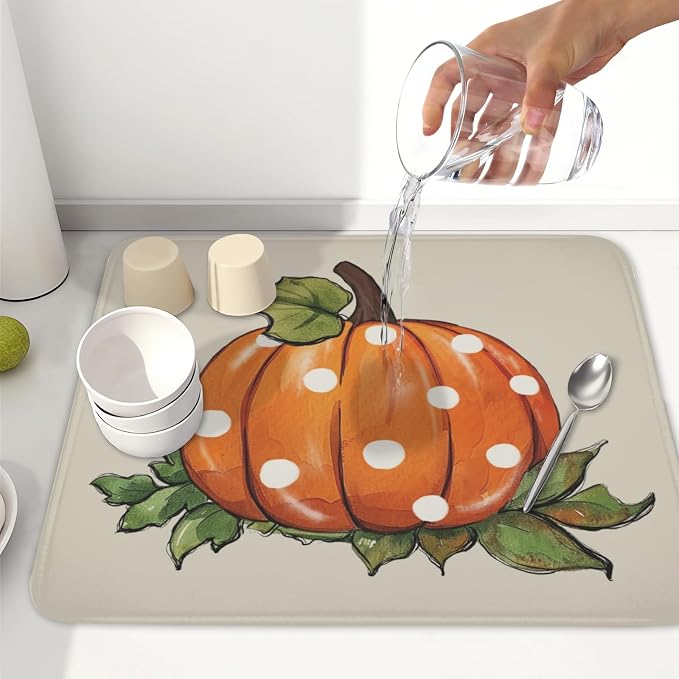 Fall Pumpkin Dish Drying Mat for Kitchen Counter 16 x 18 Inch Autumn Green Leaf Dish Drainer Mat Absorbent Microfiber Thanksgiving Harvest Dish Rack Pad for Coffee Dining Bar Decor