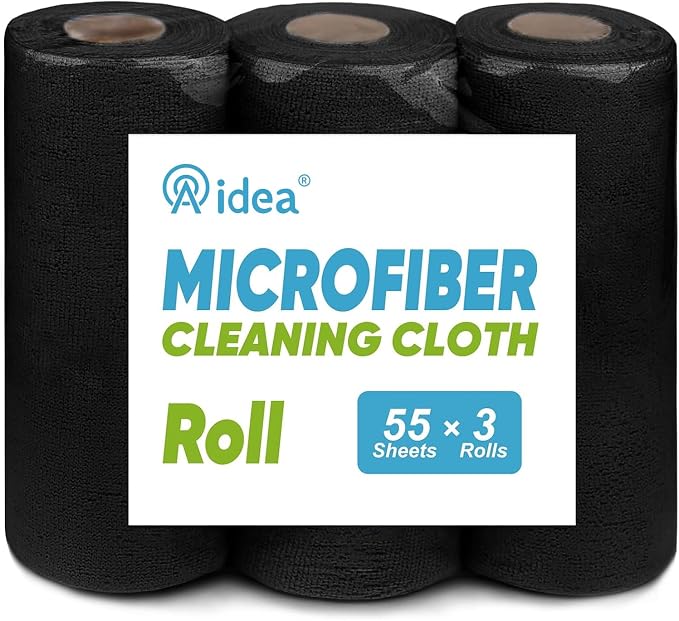 AIDEA Microfiber Cleaning Cloth 165 Sheets 3 Roll, Black Paper Towels 11×9" | Microfiber Towels for Cars, Reusable Shop Rags Washable, Cleaning Rags for Automotive, Mechanic, Workshops, Cleaning Supplies