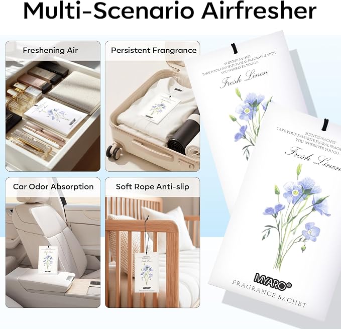 MYARO 12 Pack Fresh Linen Scented Sachets, Closet Deodorizer Car Freshener | Long-Lasting Sachet Bag, Odor Eliminator for Closet, Drawer, Bathroom, Clothes, Fabric Refresher, Home Fragrance Gift Set