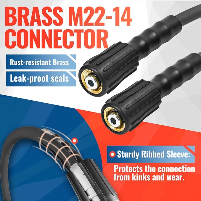 YAMATIC 3600PSI Pressure Washer Hose For Power Washer 25FT X 1/4", Kink Resistant Heavy Duty Power Washer Extension Replacement Hose With M22-14mm x 3/8" Quick Connect Kit For Gas & Electric