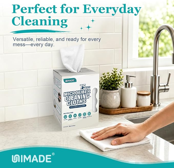 UNIMADE Microfiber Cleaning Cloth, 75 Sheets Microfiber Towels for Cars Commercial Grade Washcloths Lint-Free Bulk Shop Towel Cleaning Rags for Household Restaurant Garage Housekeeping, 11"x 9", White
