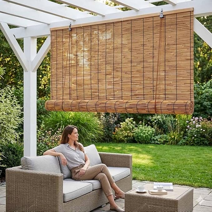 Bamboo Shades for Outdoor Patio, Natural Reed Roller Blinds for Indoor Windows, Retro Cordless Shades 20 22 27 30 36 48 72in Outside Privacy Bamboo Roll Up Shades(Brown,62" W x 72" H)
