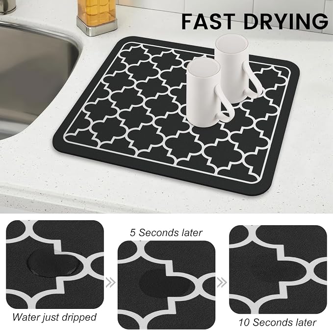 WISELIFE Dish Drying Mat Super Absorbent Drying Mat Large Dish Drying Mats for Kitchen Counter Easy Clean Dish Mat Kitchen Drying Mat15"x 18" Stylish Black