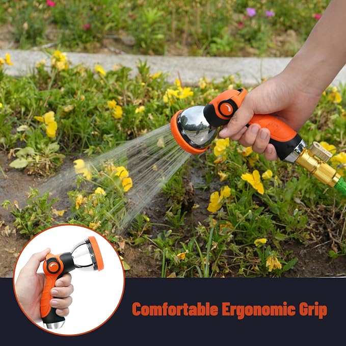 Besiter Garden Hose Nozzle, Hose Sprayer Nozzle with 10 Spray Patterns, Thumb Control On Off Valve, High Pressure Metal Water Hose Nozzle for Car Wash, Plants, Pets & Outdoor Cleaning, Orange