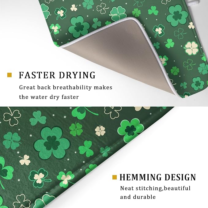 Happy St. Patrick's Day Dish Drying Mat for Kitchen Green Lucky Shamrock Clover Dish Drying Mat for Dishes Spring Irish Drying Mats 18x24 Inch Absorbent Reversible Dish Pad for Countertop Coffee Bar