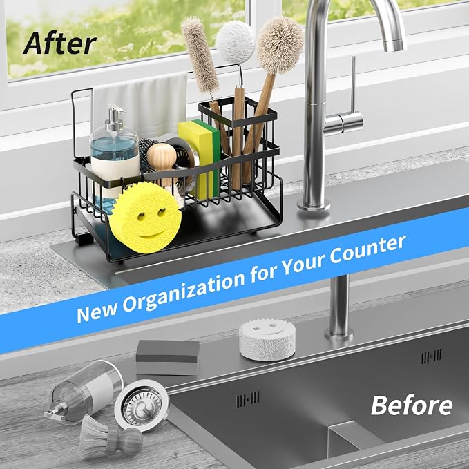 Sponge Holder for Kitchen Sink 304 Stainless Steel Self-Draining Sink Caddy with Smiley Face Sponge and Brush Holder Towel Bar and Divider Kitchen Gadgets Organizer for Countertop, Black