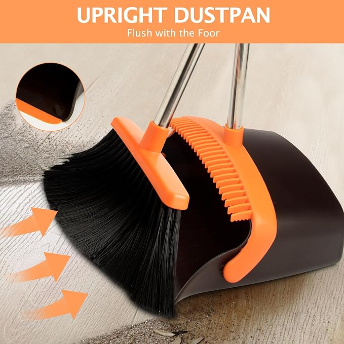 2-Pack Broom and Dustpan Combo Set, Long Handle, Brown Orange | Standing Dustpan, Heavy Dust,House Accessories for Home, Kitchen, Office, Pet Hair