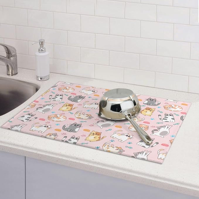 Pink Cat Dish Drying Mat for Kitchen Counter Cute Kitchen Dish Mat Microfiber Kitchen Countertop Absorbent Reversible Drainer Rack Pad