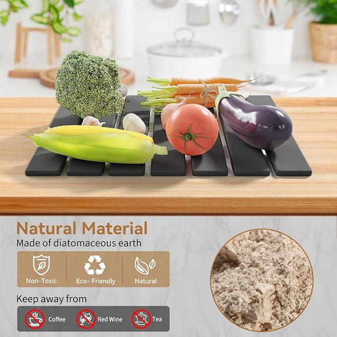 Stone Dish Drying Mat for Kitchen Counter,15.5''x11.8'' Foldable Quick Dry Stone Kitchen Mat,Eco-Friendly,Absorbent Diatomaceous Earth Mats for Dishes Bottles Cups Bathroom Any Countertop-Dark Gray