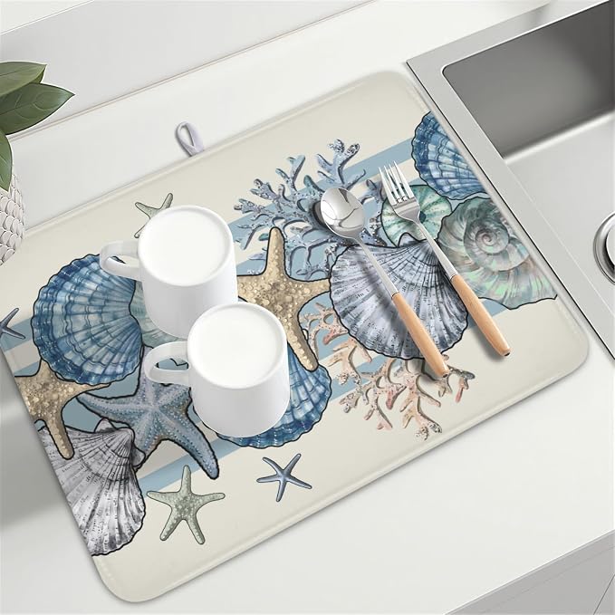 Nautical Coastal Dish Drying Mat for Kitchen Counter Summer Beach Seashell Starfish Microfiber Dish Drainer Mat Ocean Blue Pattern Absorbent Washable Drying Pad Extra Large 18"x24"
