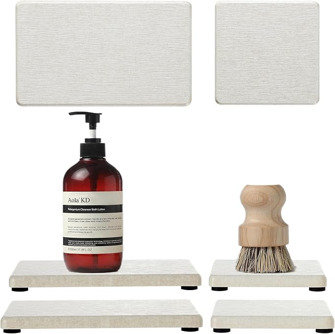 Razborci 4PCS Bathroom Sink Vanity Trays, Diatomaceous Earth Quick Stone Drying Mat Kitchen Counter Dish Soap Dispenser Sponge Holder, Water Absorbing Caddy Organizer for Bottle & Cup, Beige
