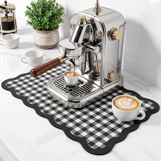 Scalloped Gingham Coffee Mat 12" x 20" Absorbent Coffee Bar Mat Gingham Espresso Matt for Counter(Black, White)