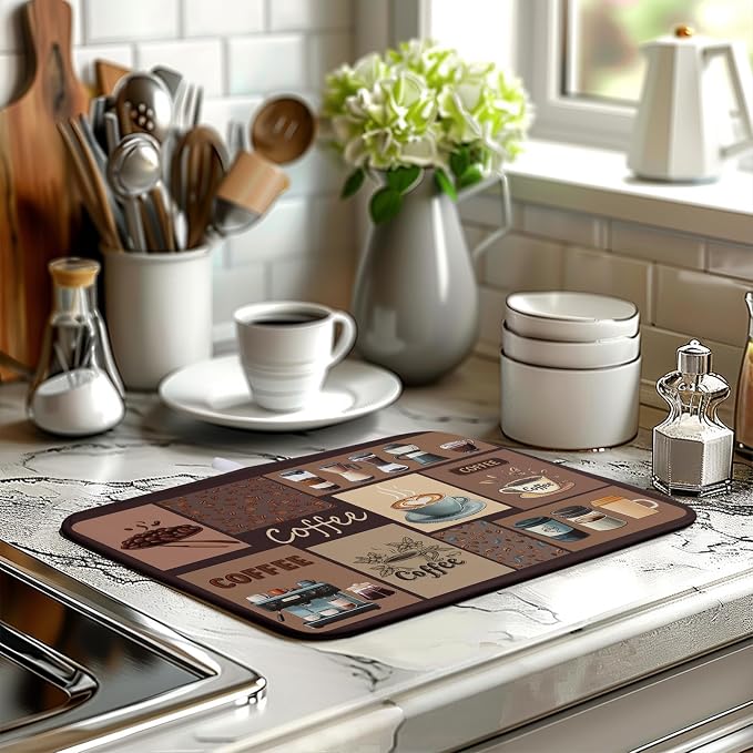 Coffee Theme Dish Drying Mats for Kitchen Counter Absorbent Microfiber Dish Drainer Mats Brown Pattern Coffee Bar Mat for Countertop Washable Dishes Drying Pad 16x18 Inch