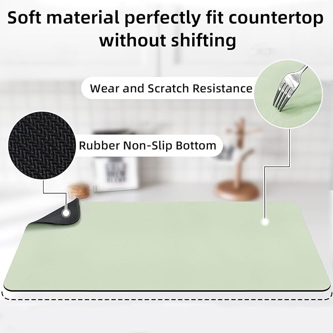 LOPNUR Kitchen Dish Drying Mat, 31.5"x17" Dish Drying Mats for Kitchen Counter, Diatomite Coffee Mat, Super Absorbent Dish Drying Pad, Heat Resistant Mat with Anti-slip Rubber Backed, Sage Green