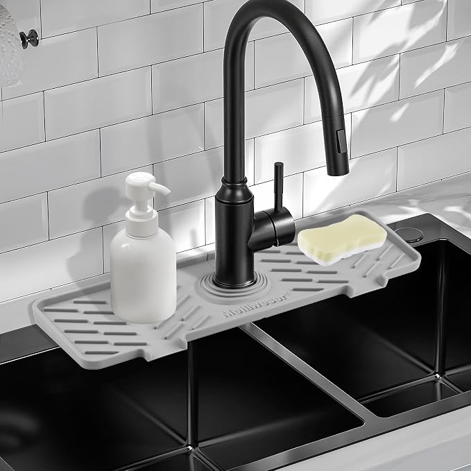 Silicone Faucet Mat for Kitchen Sink – Gen 3 10° Slope Splash Guard with Cuttable Hole – 14” x 5.5” Drip Catcher & Sponge Holder for Kitchen, Bathroom (Gray)