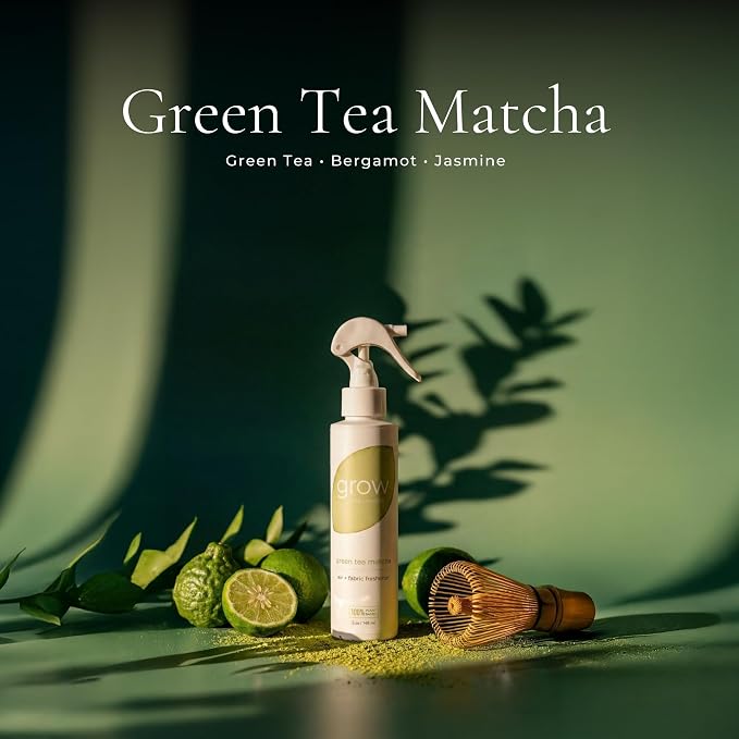 Grow Fragrance Fresh Clean 3-Pack – Non Toxic Air Freshener Spray – Green Tea Matcha, Hibiscus Tea & Wildflower Rain – 100% Plant-Based Essential Oils – Safe for Home, Car & Linens – 5 oz Each