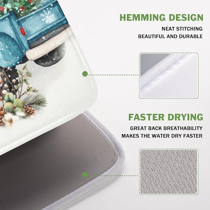 Giwawa Winter Snowman Blue Dish Drying Mat Xmas Truck Dishes Pad 16"x18" Microfiber Absorbent Drainer Rack Mats Protector for Kitchen Counter Sink