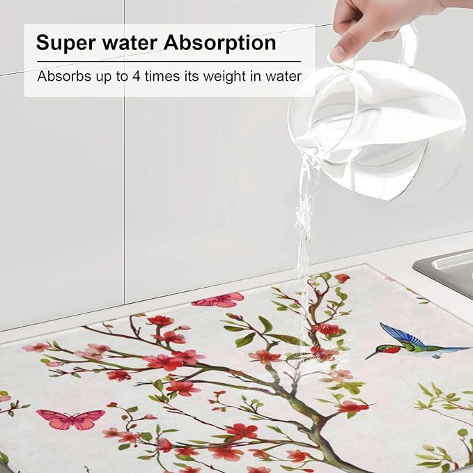 Hummingbird Butterfly Dish Drying Mat For Kitchen Counter, Super Absorbent Microfiber Dish Drying Pad, Kitchen Gadgets For Easy Clean Multi-Use Large 18"x24"
