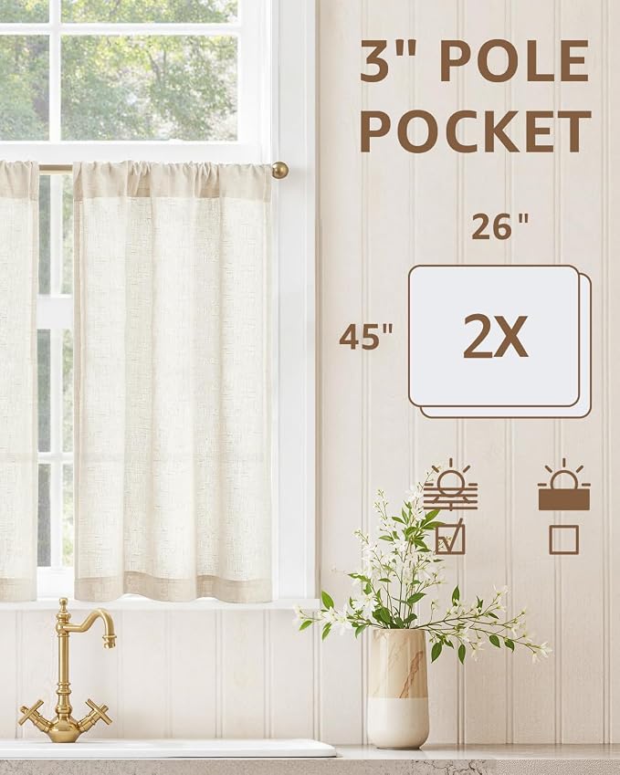 jinchan Rustic Linen Rod Pocket Tier Curtains, 26x45, 2 Panels, Natural | Light filtering, cafe curtains, machine washable, farmhouse, kitchen, bathrooms, laundry, small window, over sink