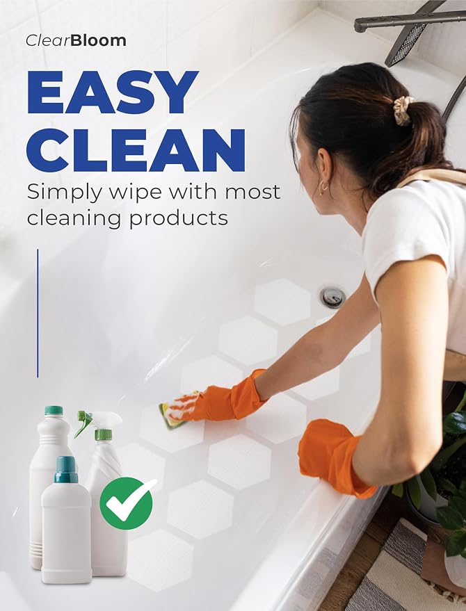 Clear Bloom Anti-Slip Shower Stickers for Tub & Shower Floor — Original White Hex Non-Slip Bathtub Stickers, 24 Pack 3.25”, Micro-Pyramid Grip, Scraper Included, Easy Apply