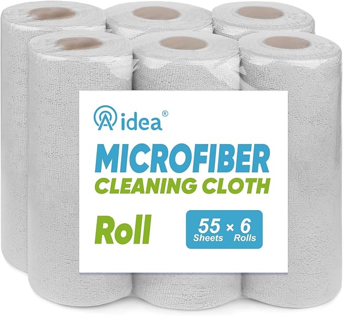 AIDEA Microfiber Cleaning Cloth 330 Sheets 6 Roll, Cleaning Rags 11×9" | Reusable Paper Towels, Shop Towels, Shop Rags, Cleaning Towels for Automotive, Workshops, House, Cleaning Supplies, Grey
