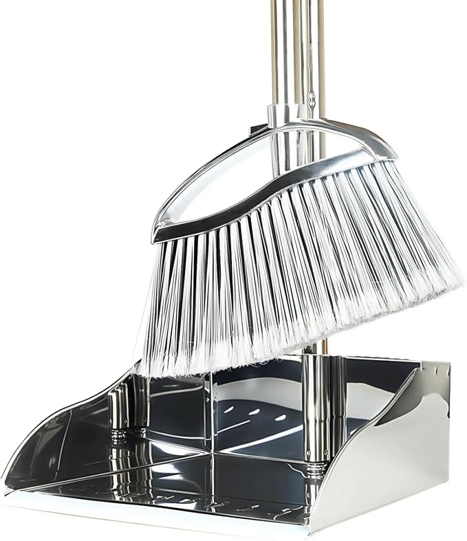Heavy Duty Broom and Dustpan Set, Stainless Steel, 52.7-Inch for Sweeping | No-bend stand up design
