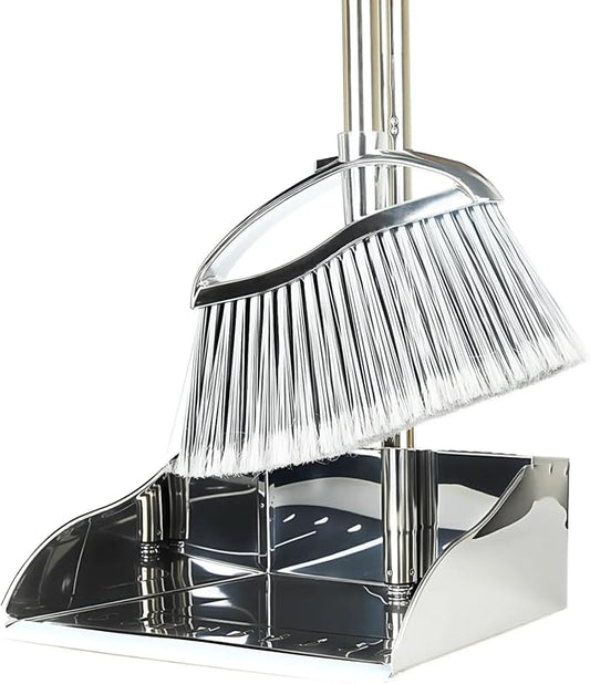 Heavy Duty Broom and Dustpan Set, Stainless Steel, 52.7-Inch for Sweeping | No-bend stand up design