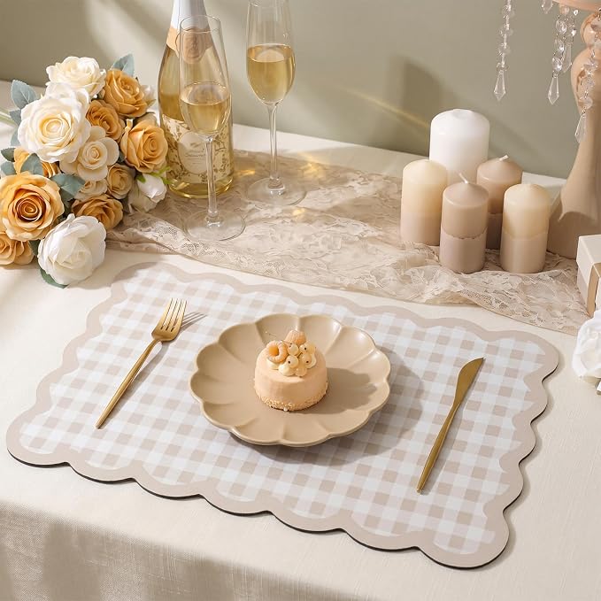 Scalloped Gingham Coffee Mat 12" x 20" Absorbent Coffee Bar Mat Gingham Espresso Matt for Counter(Brown)