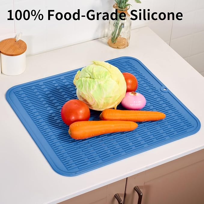 ZLR Heavy-Duty Silicone Dish Drying Mat (16" x 18" / 401 x 455mm) - XL Family-Size Thick 4mm Drainboard for Pots, Pans & Heavy Cookware - Oversized Trivet & Counter Protector, Non-Slip (Lichen Blue)