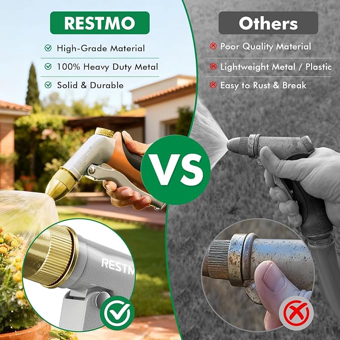 RESTMO Metal Water Hose Nozzle, High Pressure Garden Sprayer, Orange | Adjustable Brass Head for 4 Spray Patterns, Heavy Duty Garden Water Sprayer for Outdoor Lawn & Plant & Car
