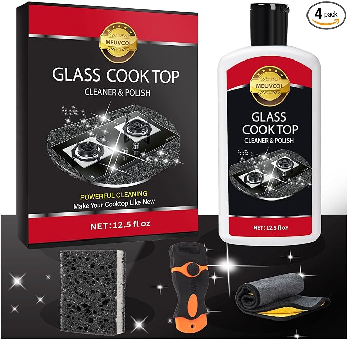 Meuvcol Glass Stove Top Cleaner Kit, 12 Oz Glass Cooktop Cleaner Non-Abrasive, Stove Oven Cleaner & Polish For Ceramic, Electric, Induction, Flat Top Stovetop, Gas - With Scrubbing Pad, Scraper, Cloth