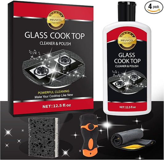 Meuvcol Glass Stove Top Cleaner Kit, 12 Oz Glass Cooktop Cleaner Non-Abrasive, Stove Oven Cleaner & Polish For Ceramic, Electric, Induction, Flat Top Stovetop, Gas - With Scrubbing Pad, Scraper, Cloth