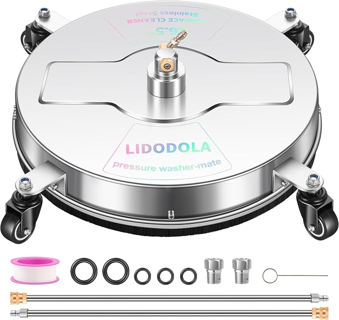 LidoDola 16.5'' Pressure Washer Surface Cleaner, Power Washer Accessory | Stainless Steel Housing with 4 Wheels, 1/4" QC, 2 Extension Wands & 2 Replacement Nozzles, for Gas & Electric Pressure Washer