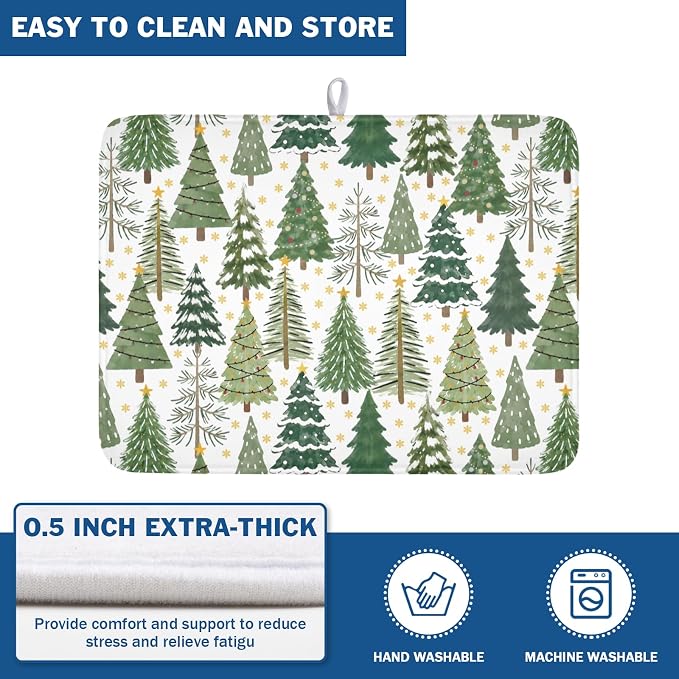 Christmas Dish Drying Mat 18x24 Inch Green Xmas Tree Winter Snowflake | Polyester，Absorbent Microfiber，for Kitchen Coffee Dining Bar Decor