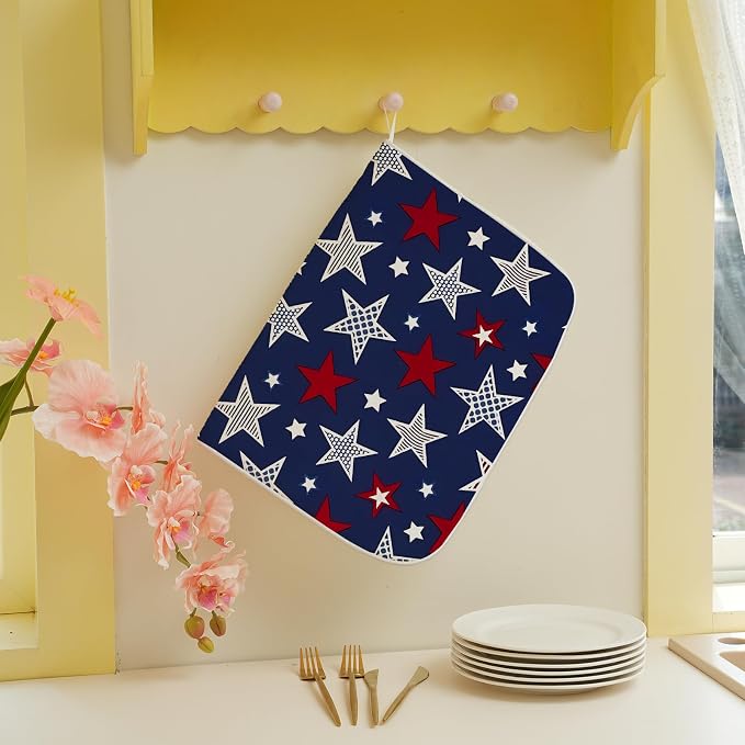 4th of July Dish Drying Mat 18x24 Inch Navy Blue Red Stars Patriotic Decor Drying Mat Independence Day Memorial Day Absorbent Dish Drying Pad Dish Rack Drainer Mats for Kitchen Dining Counter