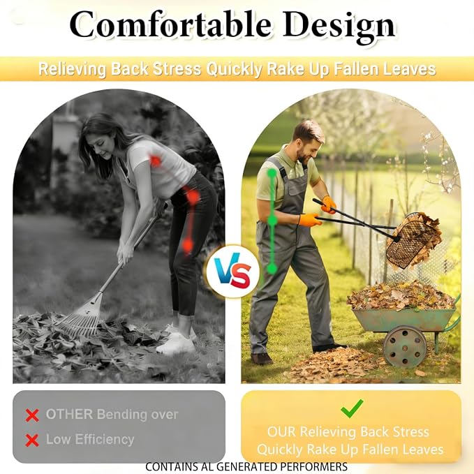 Long Handle Metal Leaf Grabber Rake, Lightweight Leaf Collector for Yard Work, No Bending, Easy Assembly, Labor-Saving Leaf Grabber for Lawn Shrub Debris, Grass & Yard Garbage Cleaning