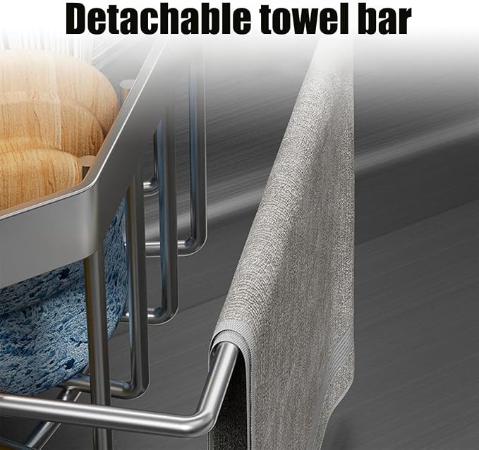Sink Organizer, Silver Stainless Steel Sponge Holder with Towel Bar, Self-Adhesive Kitchen Storage Rack，Suitable for right-angle sinks