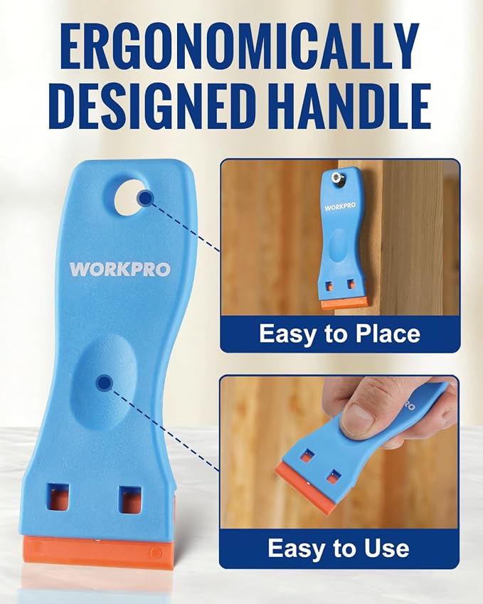 WORKPRO Plastic Razor Blade Scraper Kit, 12 Scrapers with 120 Blades | Plastic Blade Design, Easy Replacement, Multi-Surface Cleaning for Windows, Glass, Appliances, DIY and Home Projects
