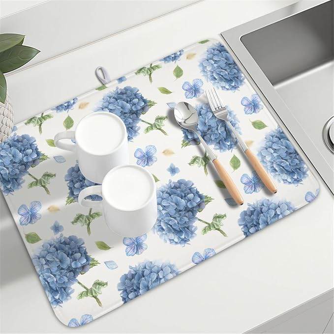 Spring Summer Blue Floral Dish Drying Mat 18x24 Inch | Hydrangea ，Polyester，Absorbent Microfiber，for Kitchen Coffee Dining Bar Decor