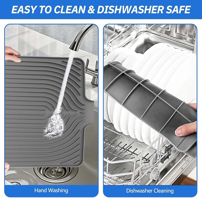 Dish Drying Mat for Kitchen Counter, with Built-in Drain Lip, 18x11.8 inch, Food-Grade Silicone, Easy Clean Pad for Countertop Protection, Heat Resistant, Easy Clean, Multi-Functional Use (Grey)
