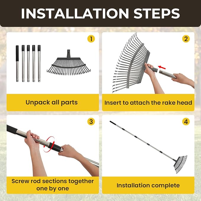 Rake for Leaves - 25 Tines Heavy Duty Metal Rake Set with Leaf Scoops & 53 Gallon Bag, Adjustable 67.5" Garden Rake, 3-in-1 Tool for Yard Pine Needle Grass Cleanup