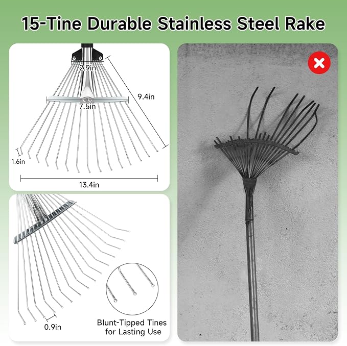 SANLIKE 68" Adjustable Metal Leaf Rake, Heavy Duty Lawn Thatch Rake | Sturdy metal rake head with extendable 68-inch adjustable handle, heavy-duty durable structure for lawn thatch & leaf cleanup