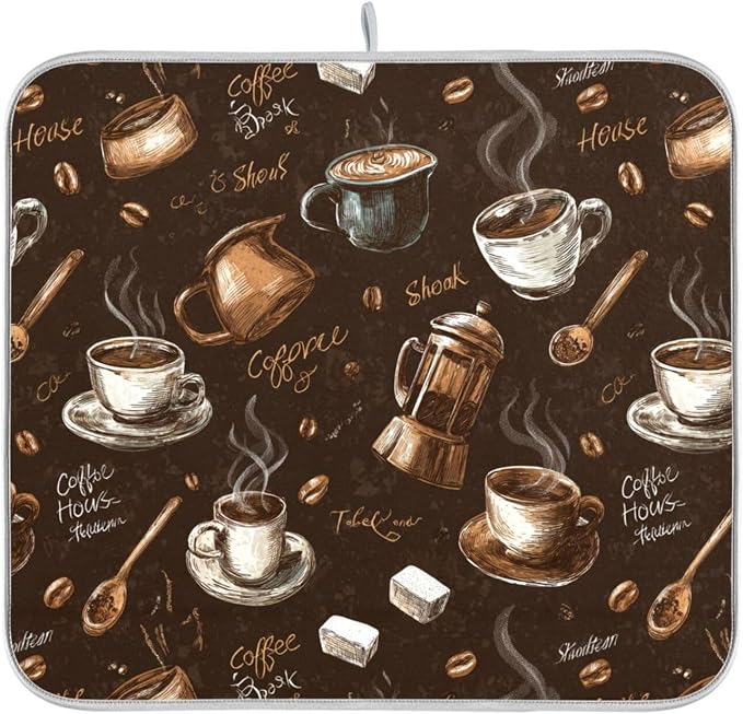 Coffee Beans Dish Drying Mat for Kitchen Counter 18 x 24 Inch Absorbent Microfiber Dry Dishes Mats Drainer Mat Dish Drying Pad for Countertops